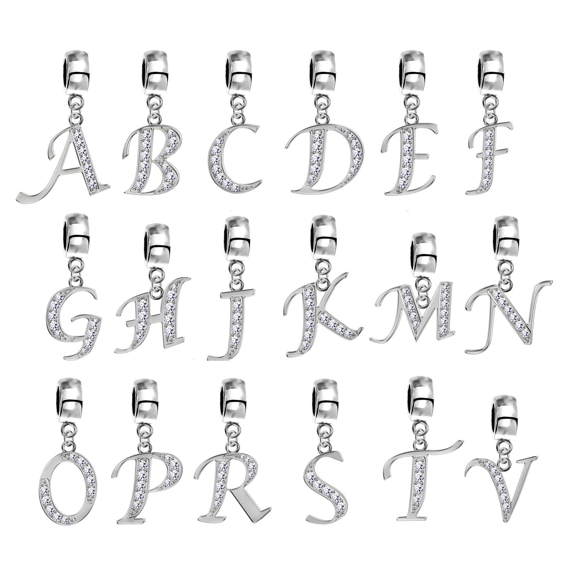 Sterling Silver Alphabet Charm with CZ Crystals - Initial Letter for Bracelet or Necklace