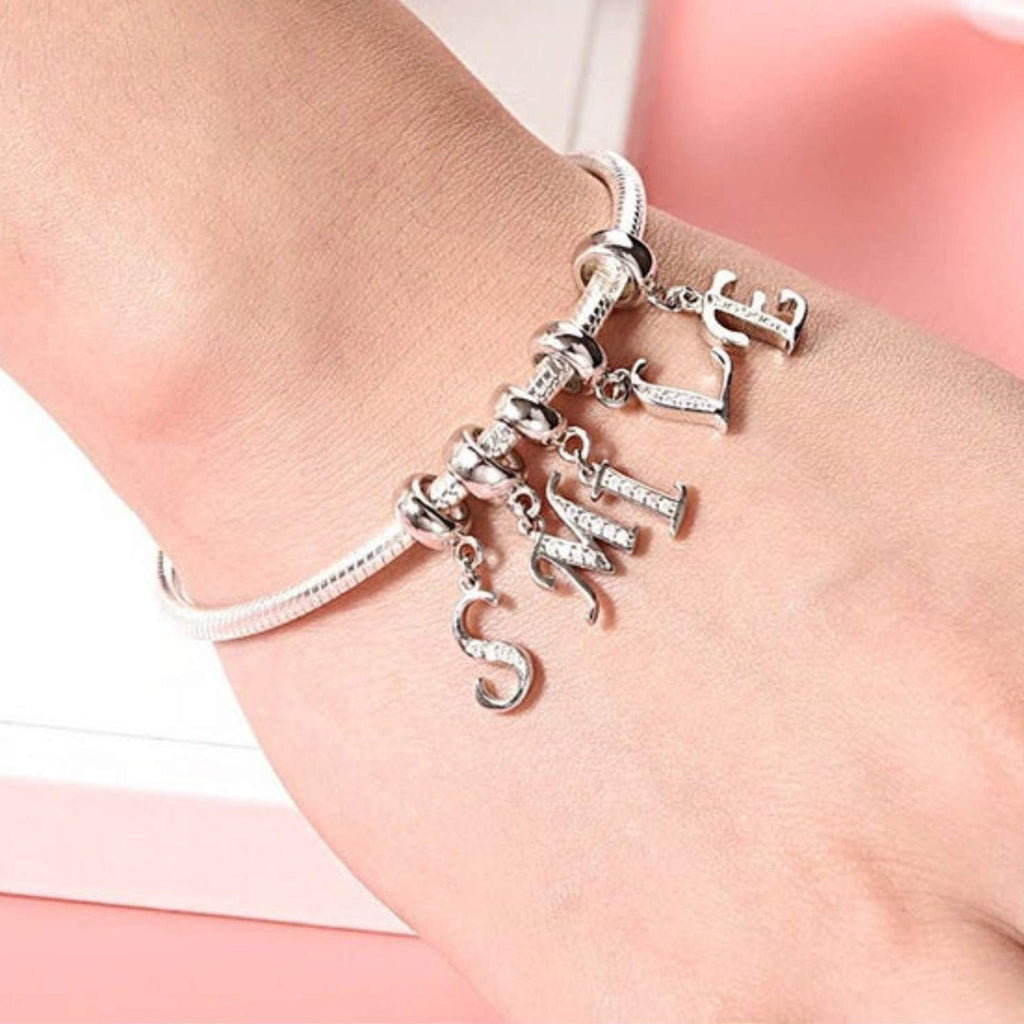 Sterling Silver Alphabet Charm with CZ Crystals - Initial Letter for Bracelet or Necklace
