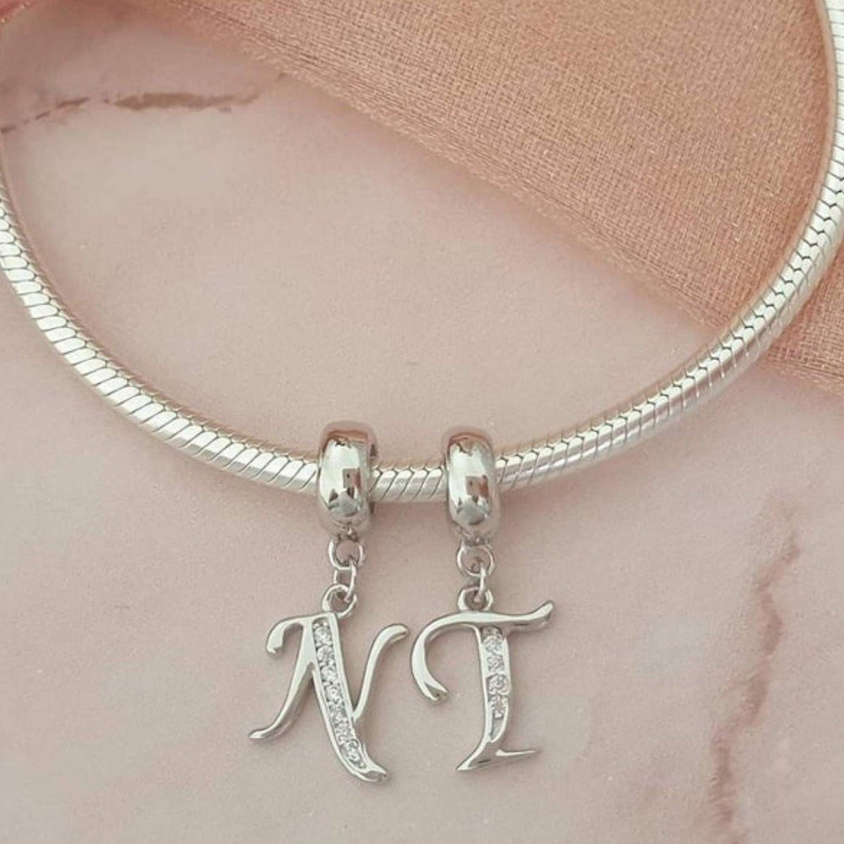 Sterling Silver Alphabet Charm with CZ Crystals - Initial Letter for Bracelet or Necklace