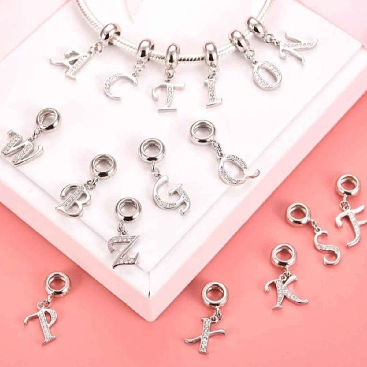 Sterling Silver Alphabet Charm with CZ Crystals - Initial Letter for Bracelet or Necklace