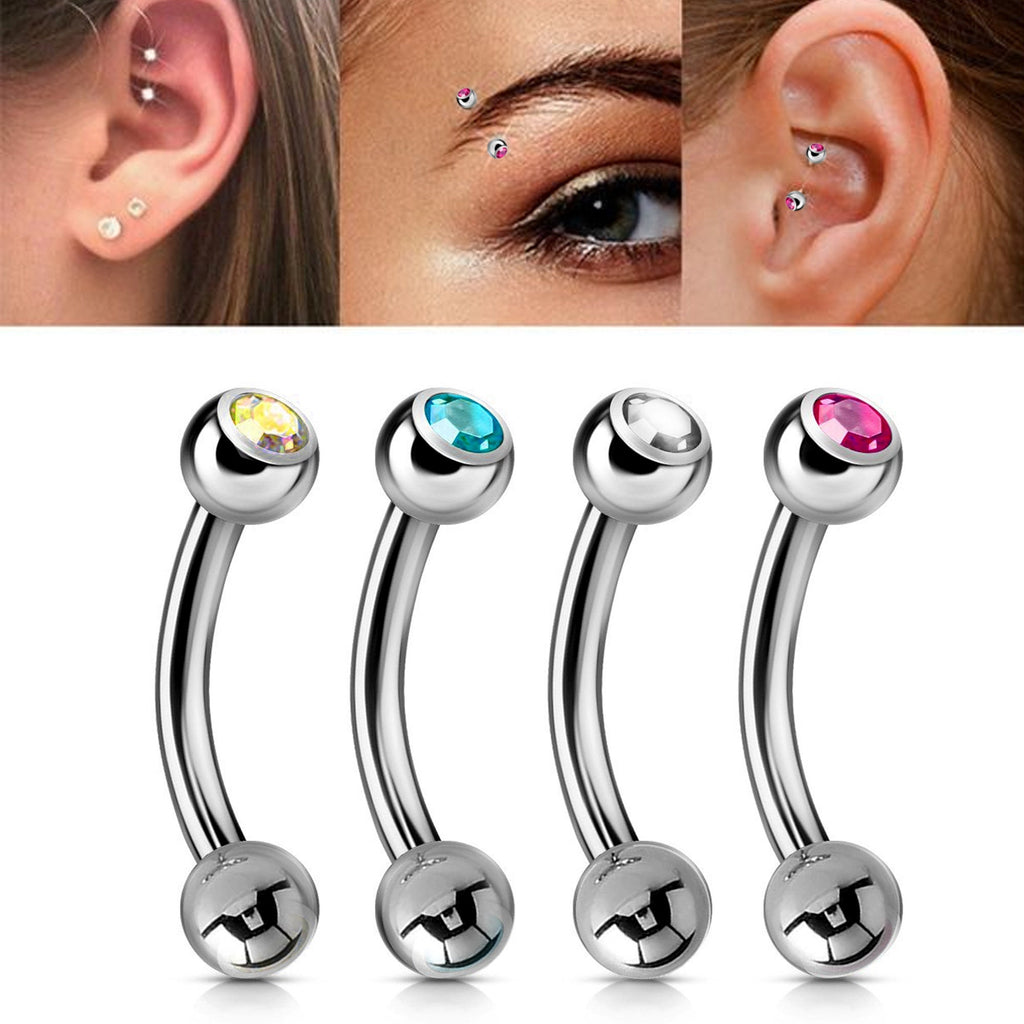 Titanium Jeweled Curved Barbell: Daith, Tragus, Helix Piercing (18g 16g 14g)
