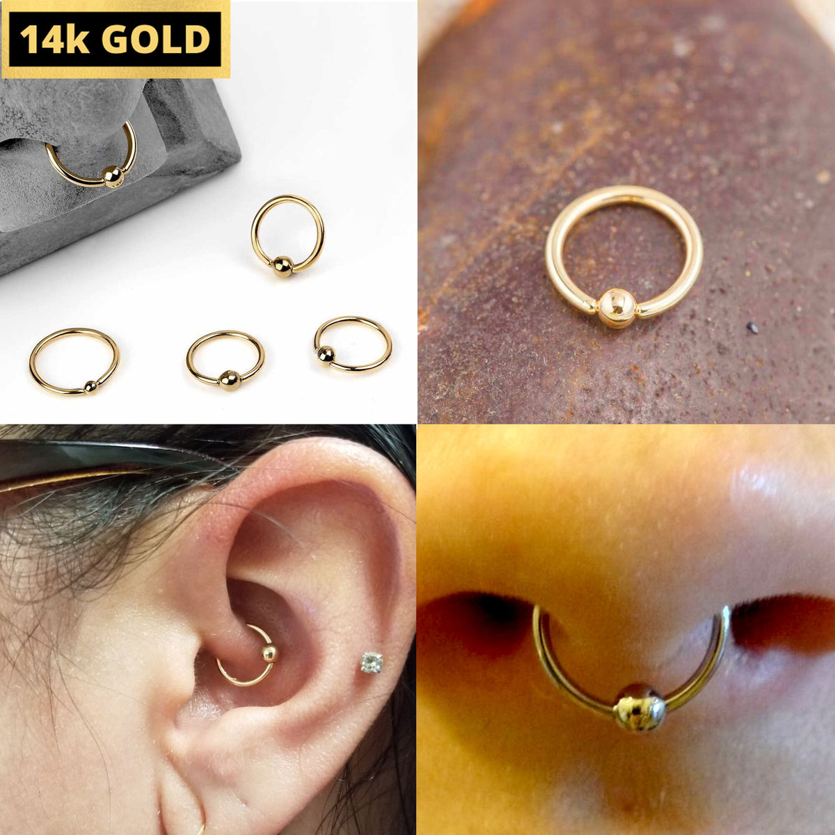 14K Gold Captive Bead Ring: BCR Body Piercing Jewelry