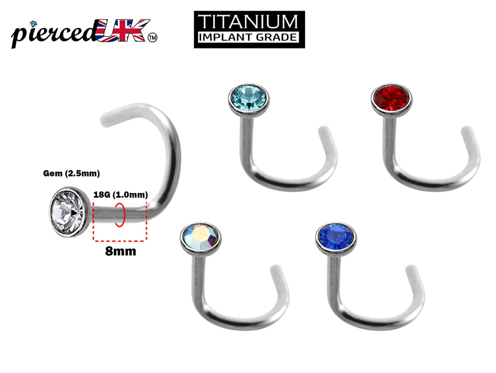 Titanium Nose Stud: 18G Nostril Screw with 2.5mm Crystal