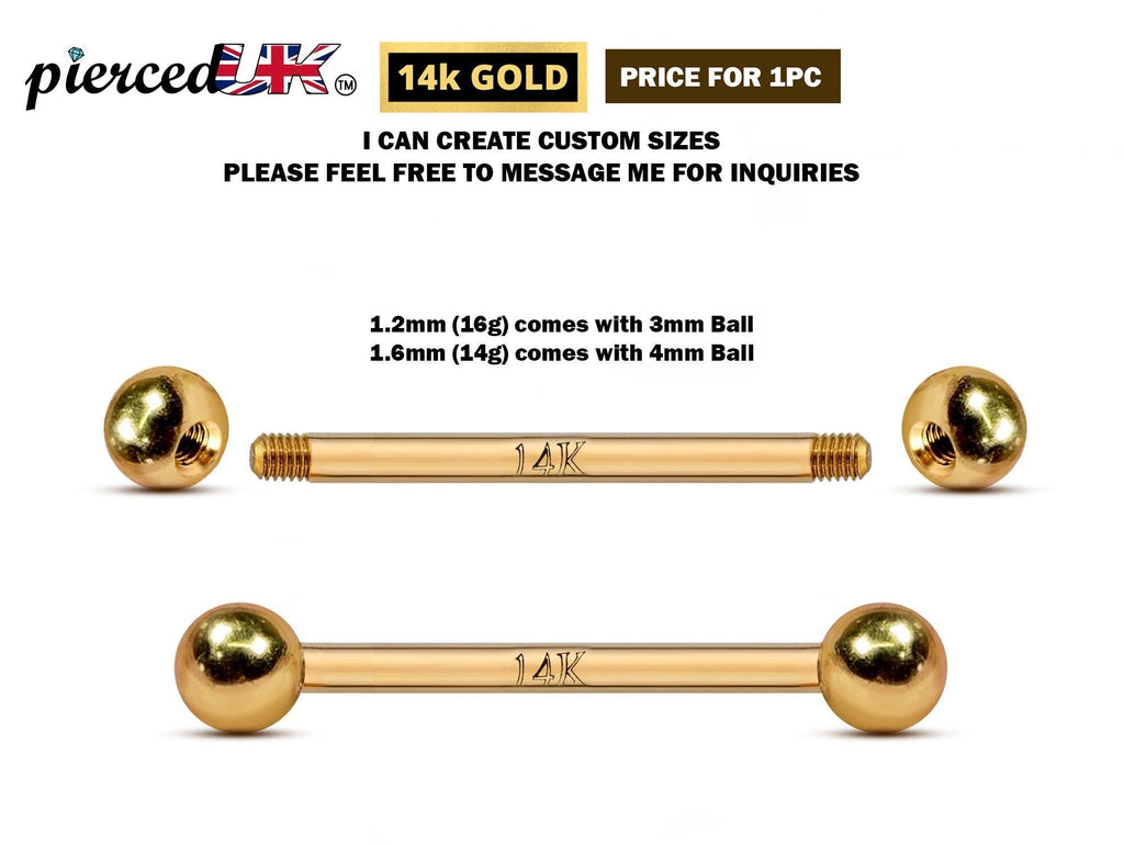 14K Gold Barbell Piercing: 16G/14G, 6mm-24mm Body Jewelry