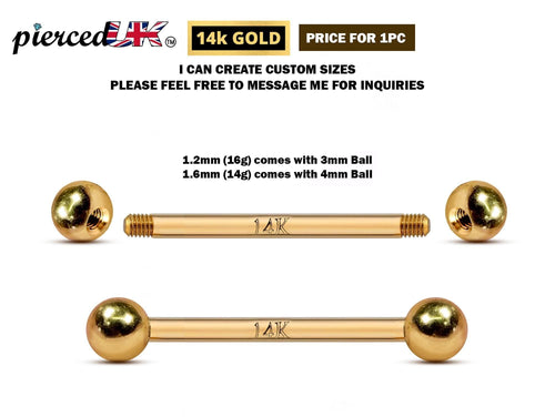 14K Gold Barbell Piercing: 16G/14G, 6mm-24mm Body Jewelry