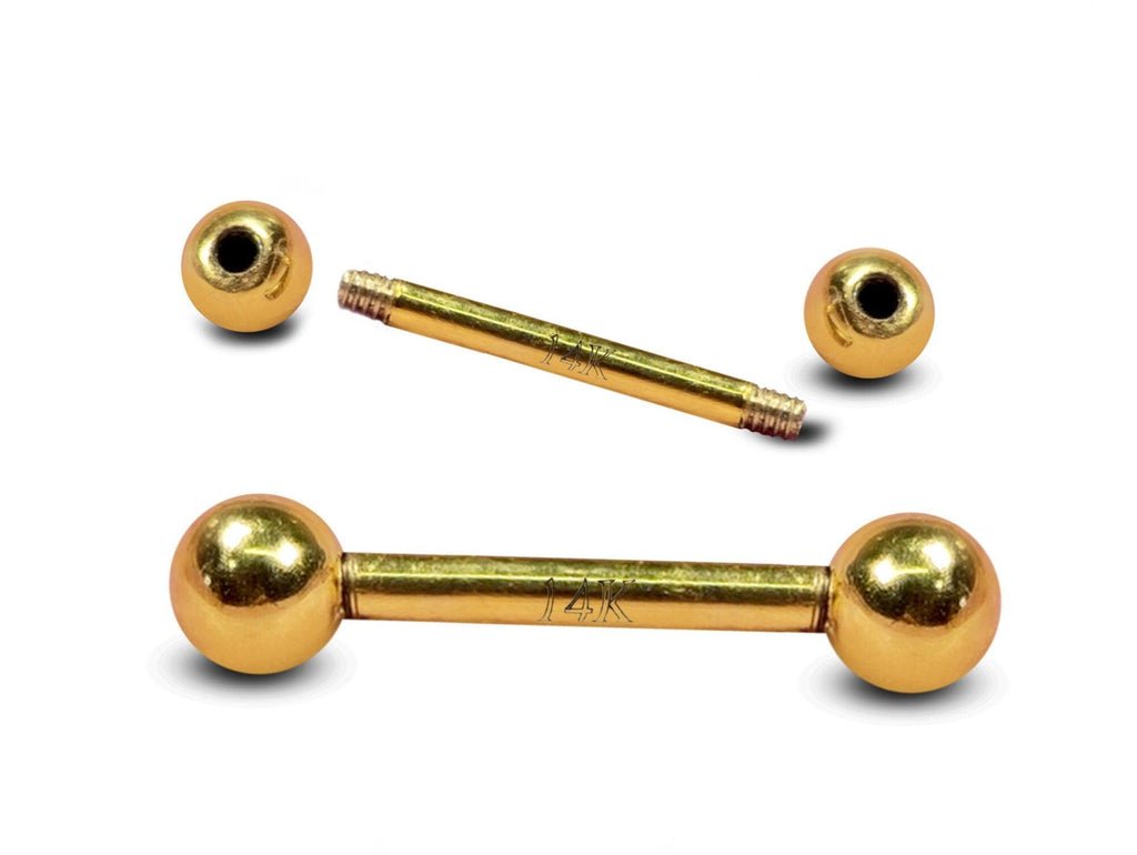 14K Gold Barbell Piercing: 16G/14G, 6mm-24mm Body Jewelry