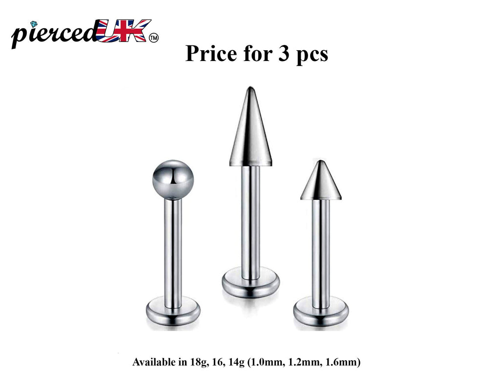 Surgical Steel Labret Stud Set: Spike, Ball, Cone Lip Piercing (3pcs)