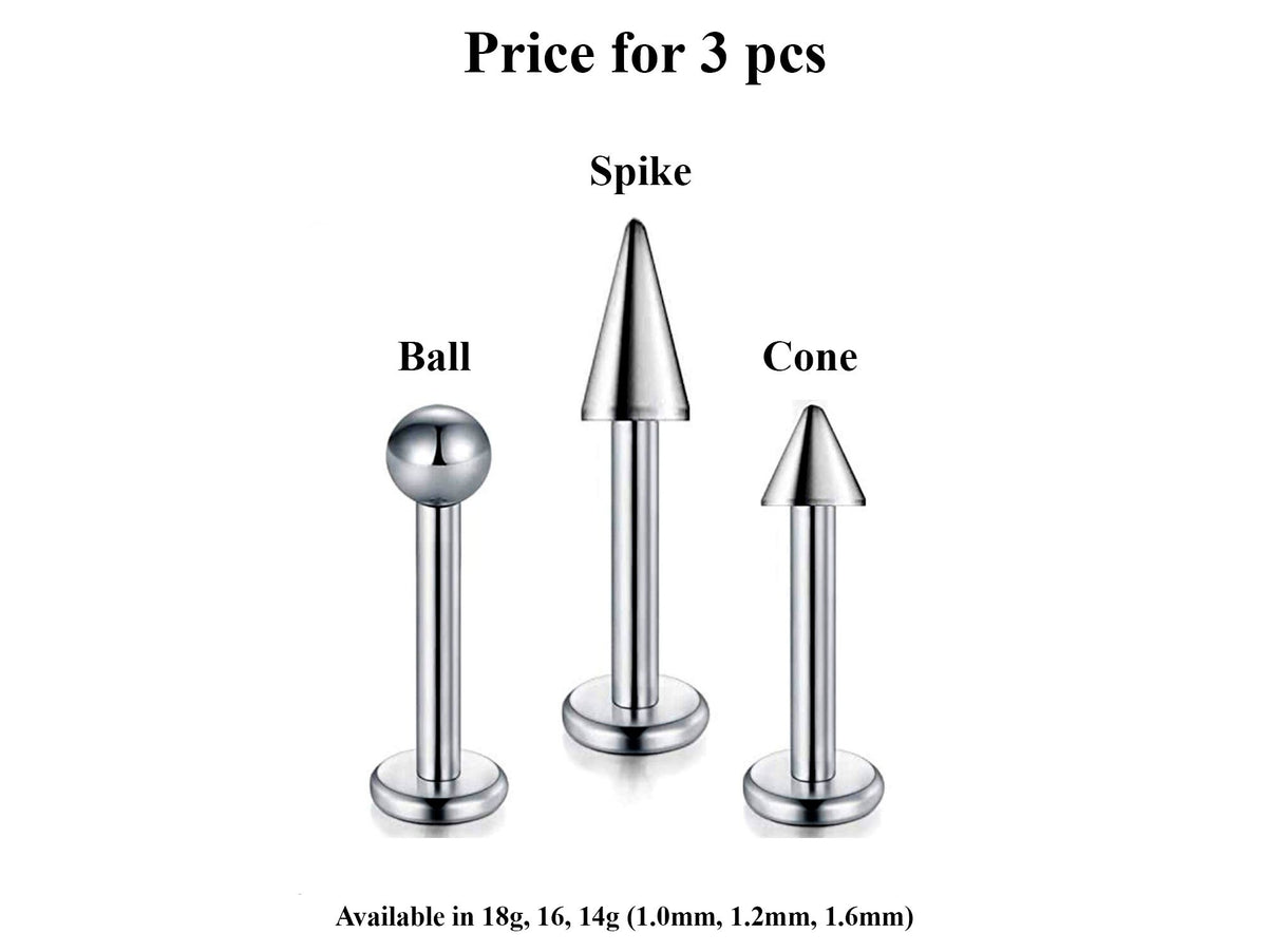 Surgical Steel Labret Stud Set: Spike, Ball, Cone Lip Piercing (3pcs)