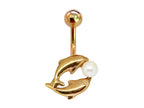 14K Gold Dolphin Belly Button Ring: Pearl Navel Piercing