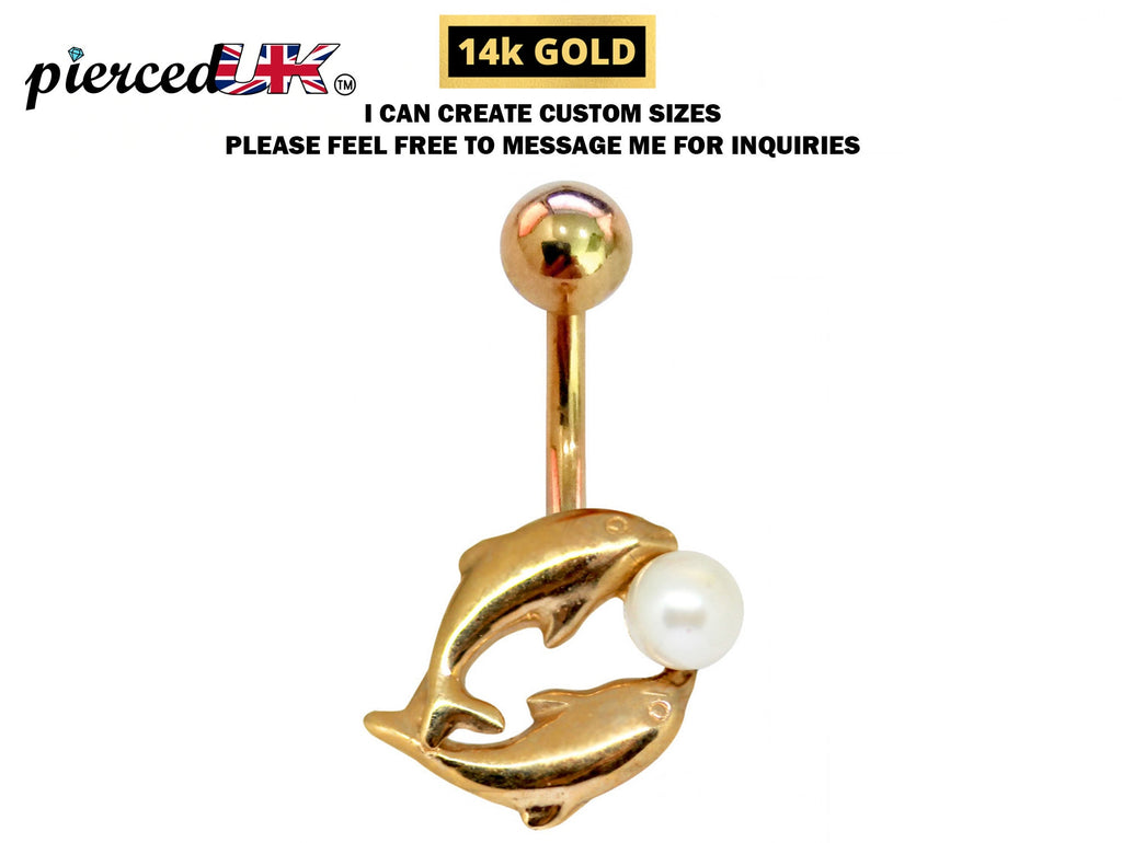 14K Gold Dolphin Belly Button Ring: Pearl Navel Piercing