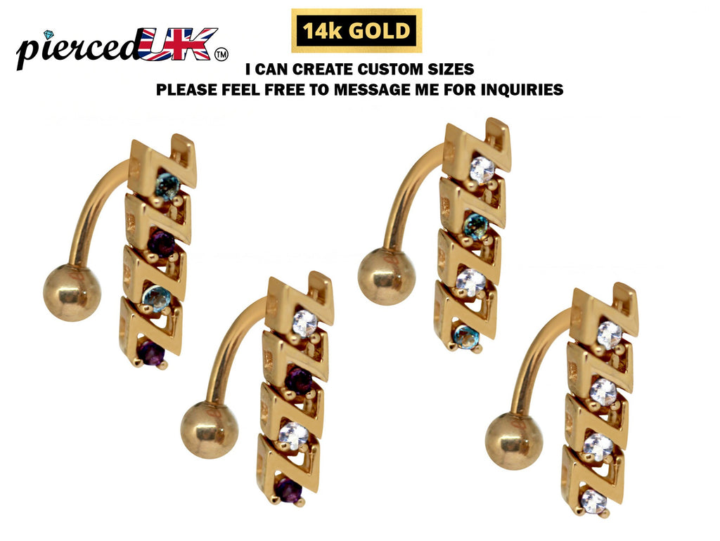 14K Gold Belly Ring: Reverse Loop Navel Jewelry with Crystals