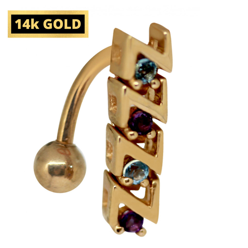 14K Gold Belly Ring: Reverse Loop Navel Jewelry with Crystals