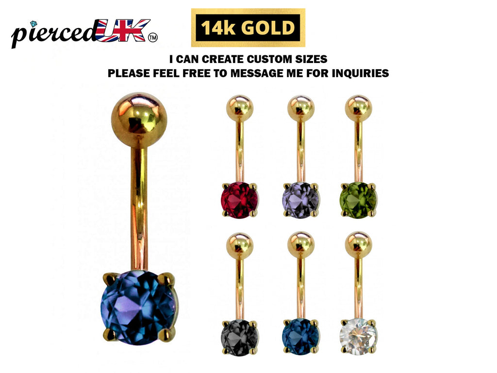 14K Gold Belly Bar: Crystal Navel Ring (14G x 10mm)