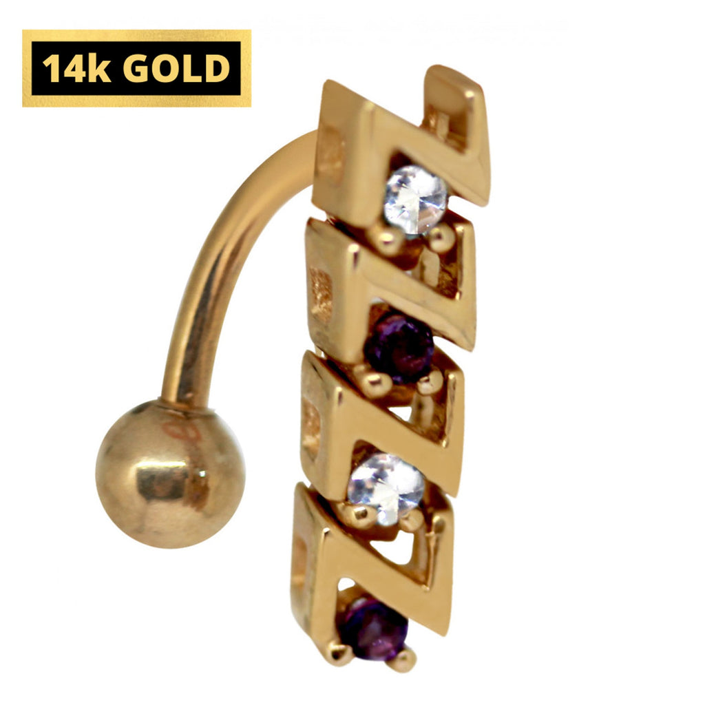 14K Gold Belly Ring: Reverse Loop Navel Jewelry with Crystals