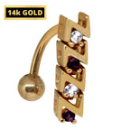 14K Gold Belly Ring: Reverse Loop Navel Jewelry with Crystals