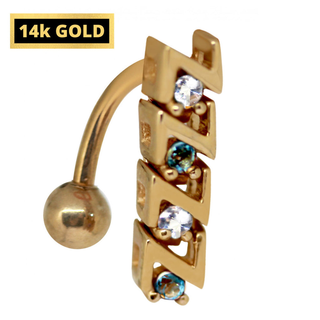 14K Gold Belly Ring: Reverse Loop Navel Jewelry with Crystals