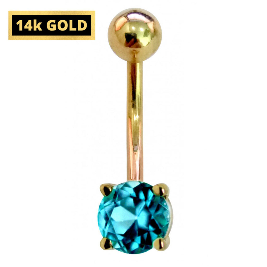 14K Gold Belly Bar: Crystal Navel Ring (14G x 10mm)