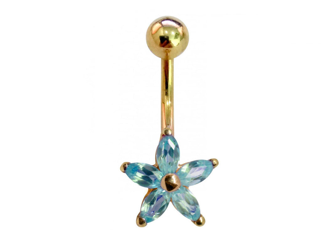 14K Gold Belly Ring: Petal Navel Barbell with Crystals
