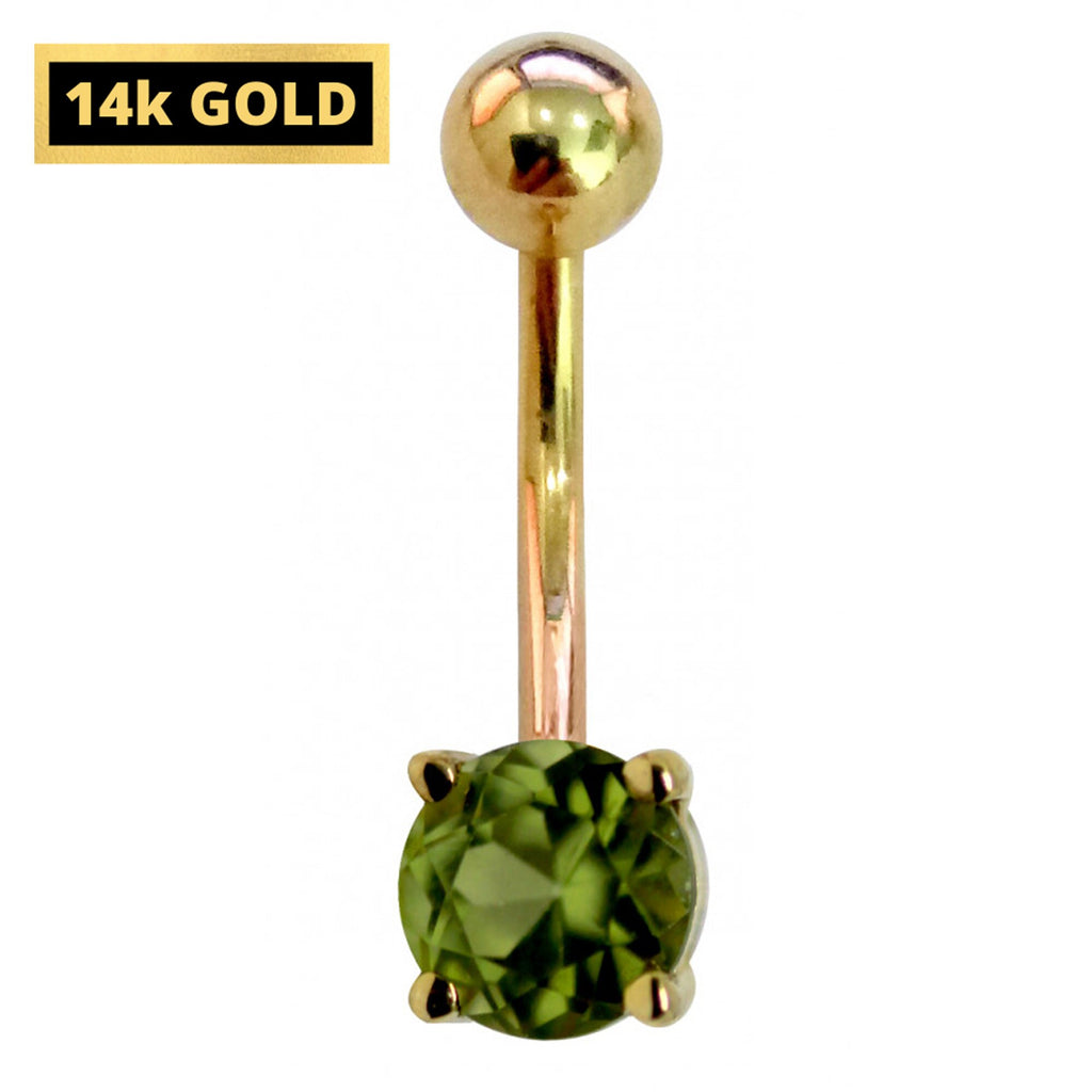 14K Gold Belly Bar: Crystal Navel Ring (14G x 10mm)
