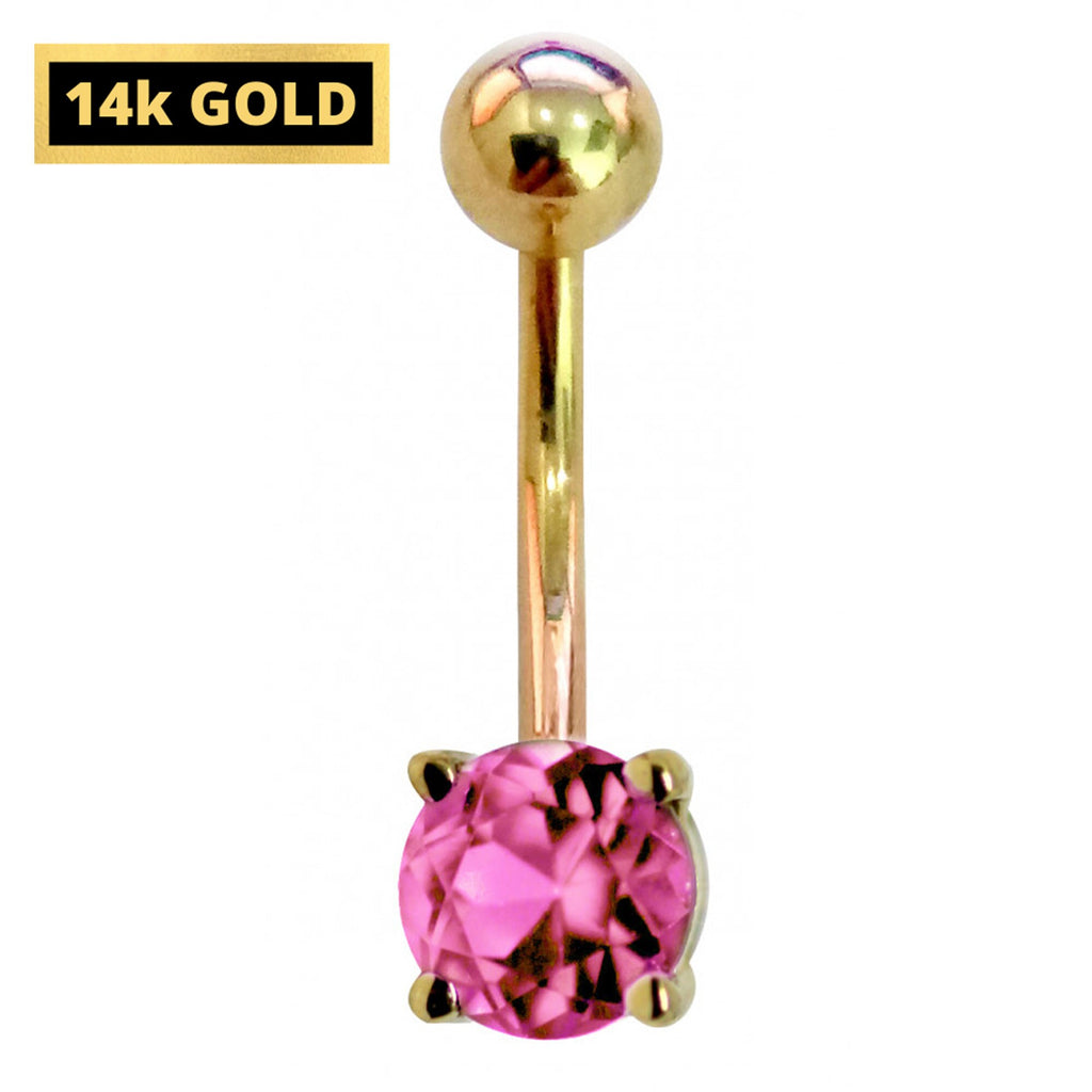 14K Gold Belly Bar: Crystal Navel Ring (14G x 10mm)