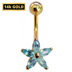 14K Gold Belly Ring: Petal Navel Barbell with Crystals