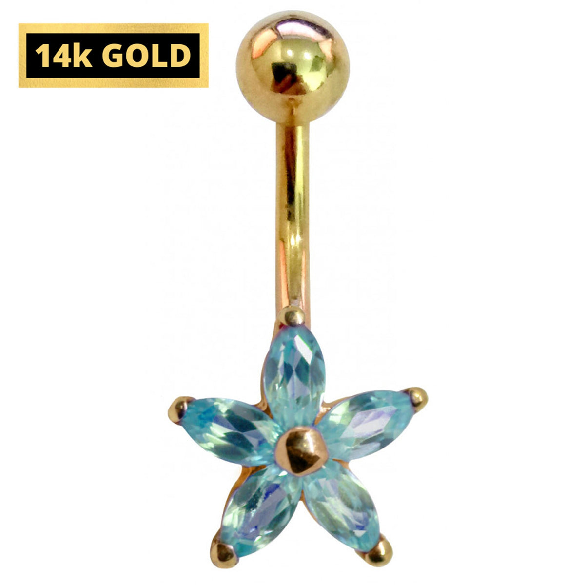 14K Gold Belly Ring: Petal Navel Barbell with Crystals