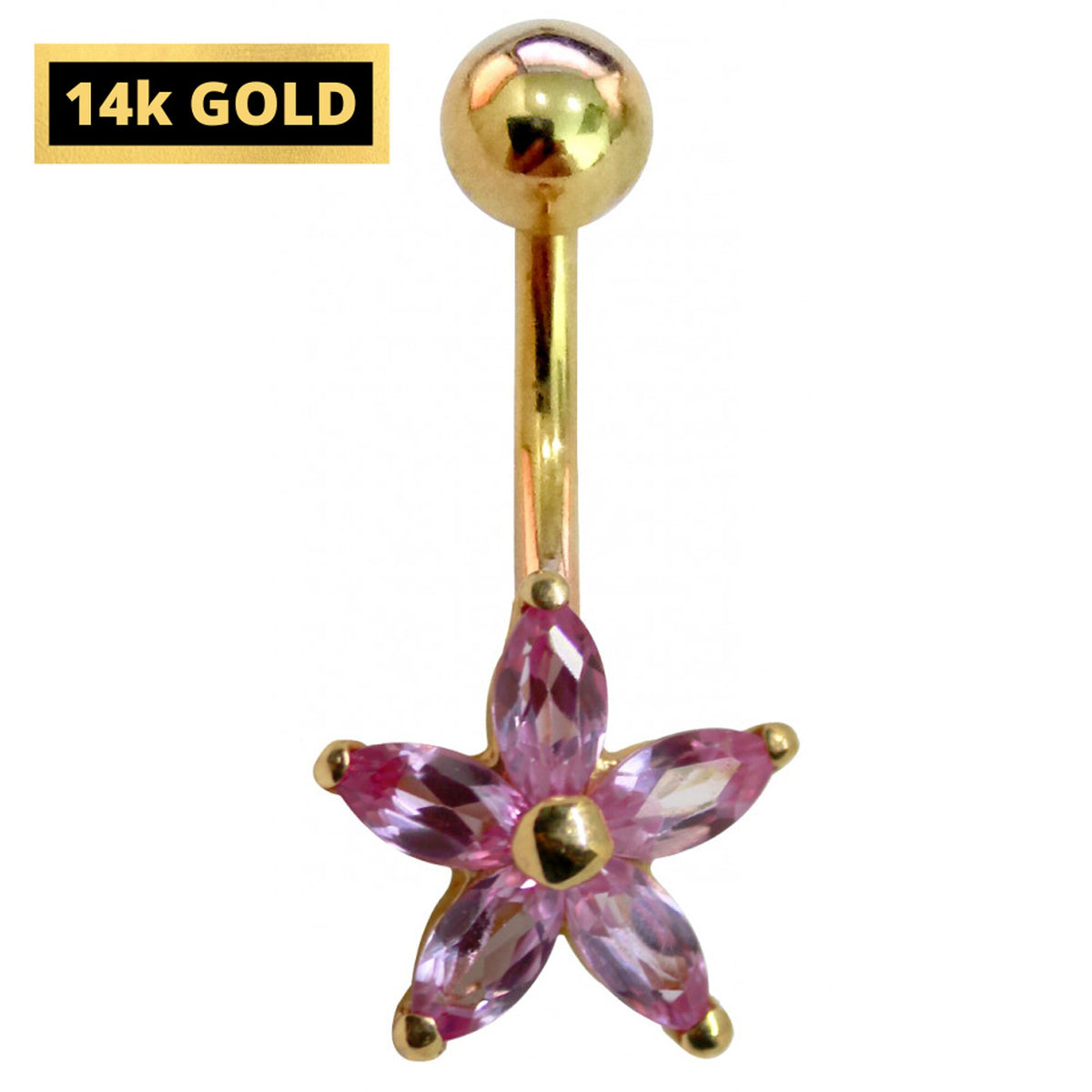 14K Gold Belly Ring: Petal Navel Barbell with Crystals