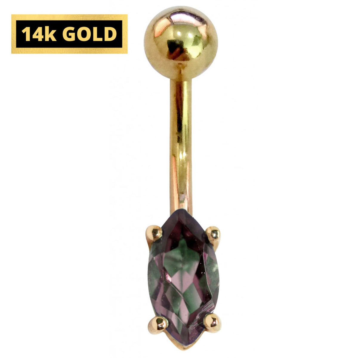 14K Gold Belly Ring: Marquise Gemstone Navel Piercing