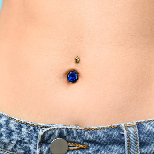 14K Gold Belly Button Ring: Solitaire Crystal Navel Piercing