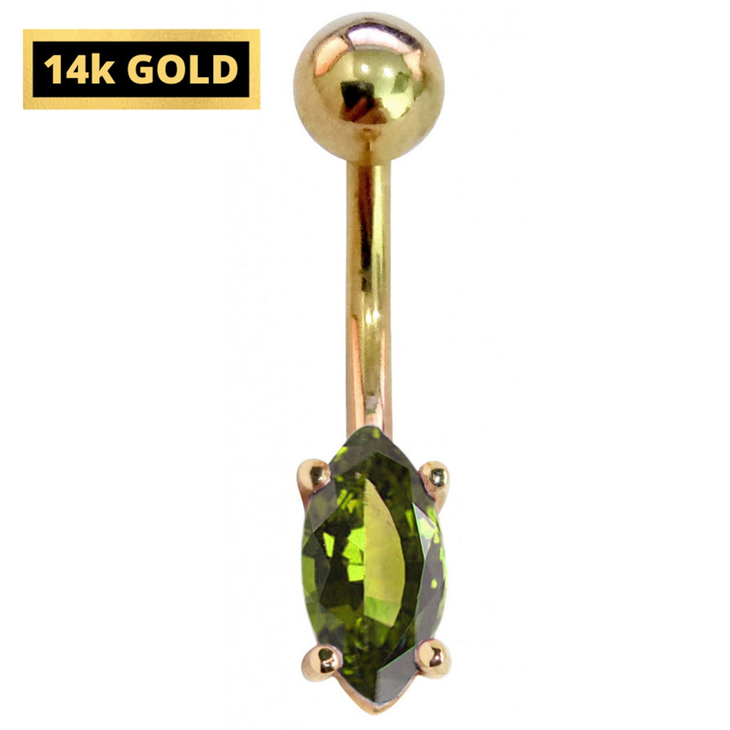 14K Gold Belly Ring: Marquise Gemstone Navel Piercing