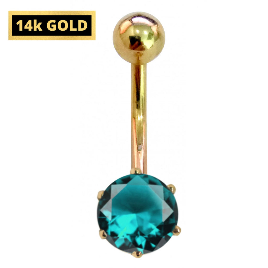 14K Gold Belly Button Ring: Solitaire Crystal Navel Piercing