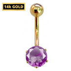 14K Gold Belly Button Ring: Solitaire Crystal Navel Piercing
