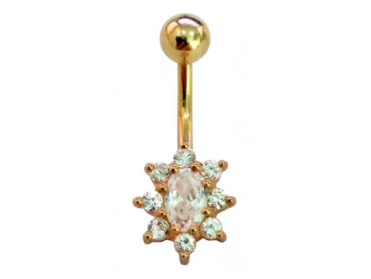 14K Gold Crystal Belly Button Ring: Hand-Polished Navel Bar