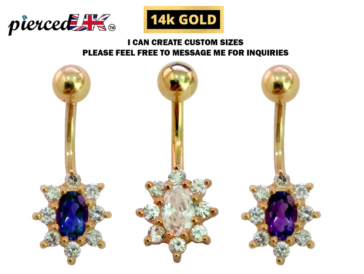 14K Gold Crystal Belly Button Ring: Hand-Polished Navel Bar