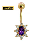 14K Gold Crystal Belly Button Ring: Hand-Polished Navel Bar