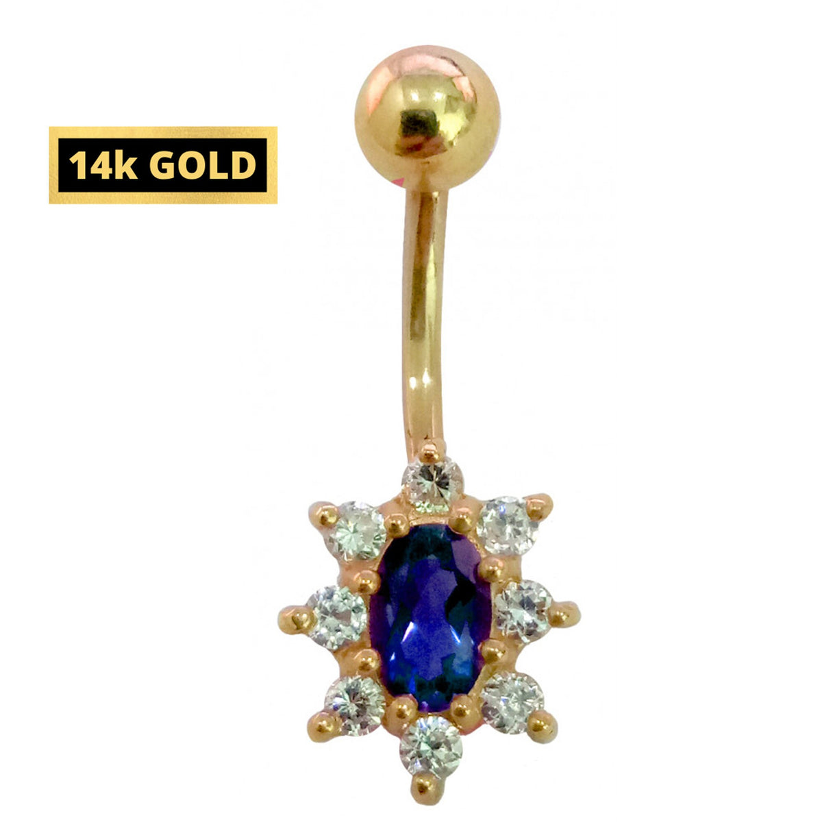 14K Gold Crystal Belly Button Ring: Hand-Polished Navel Bar