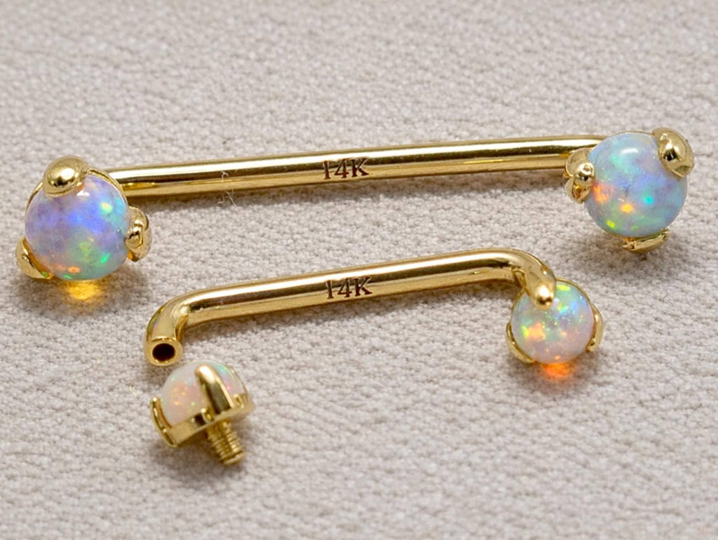 14K Gold Surface Staple barbell Dermal Implant with Opal Stone Internally Threaded