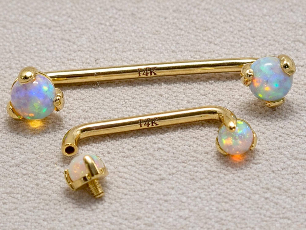 14K Gold Surface Staple barbell Dermal Implant with Opal Stone Internally Threaded