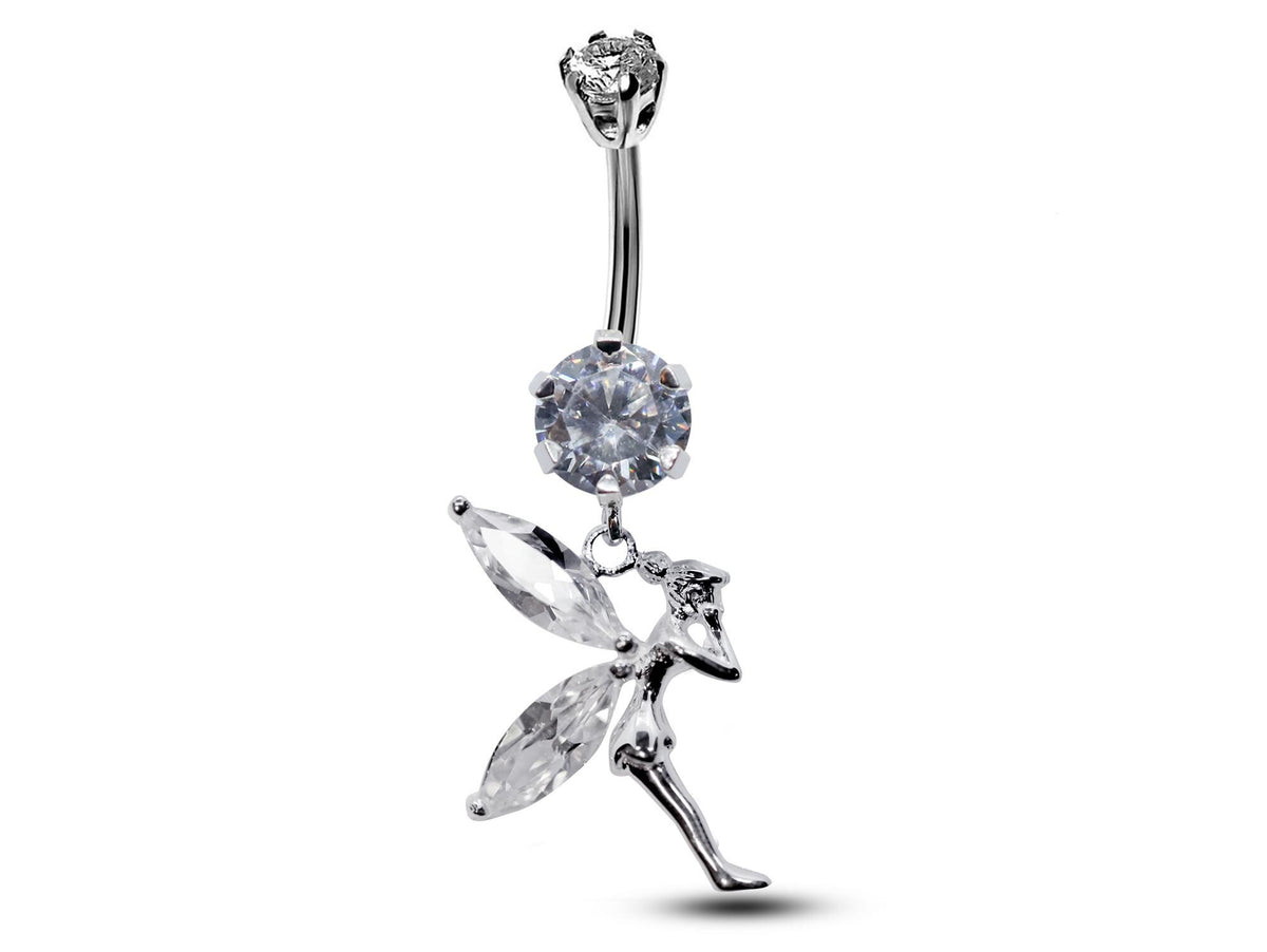 Silver Fairy Belly Ring: CZ Crystal Navel Piercing, 16g