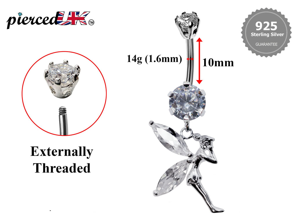 Silver Fairy Belly Ring: CZ Crystal Navel Piercing, 16g