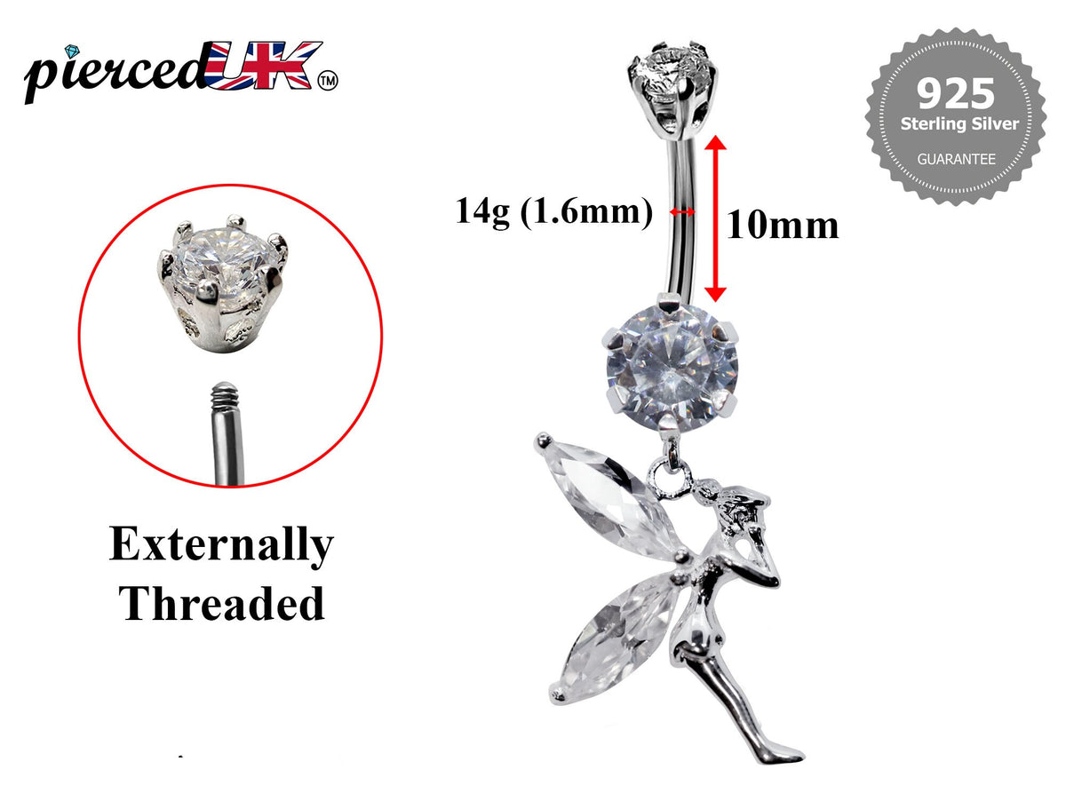 Silver Fairy Belly Ring: CZ Crystal Navel Piercing, 16g