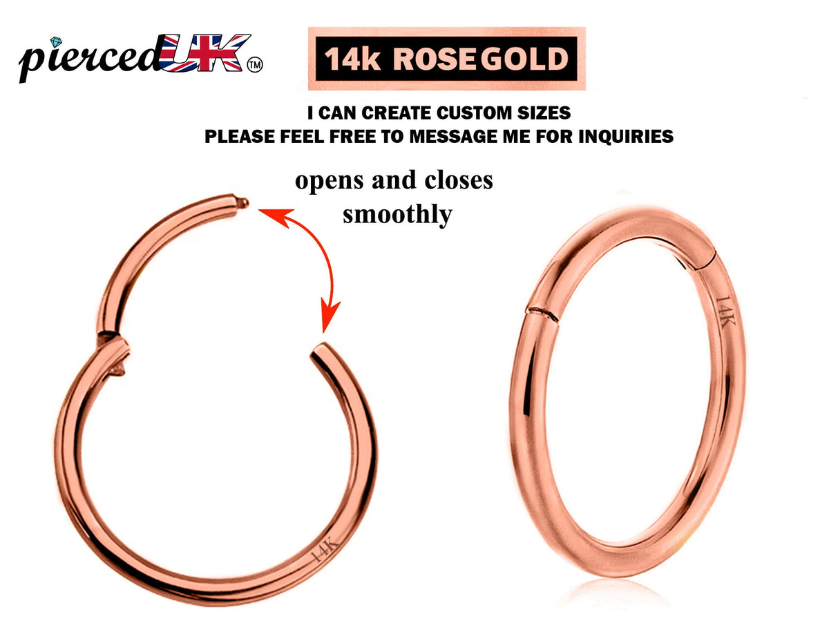 14K Rose Gold Clicker Hoops Septum Nose Ring, Lip Jewellery Body Piercing 18g, 16g
