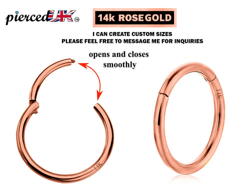 14K Rose Gold Clicker Hoops Septum Nose Ring, Lip Jewellery Body Piercing 18g, 16g