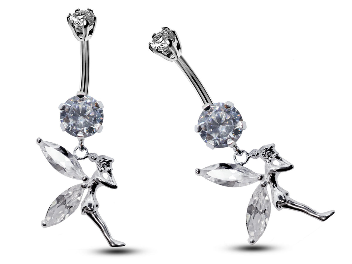 Silver Fairy Belly Ring: CZ Crystal Navel Piercing, 16g