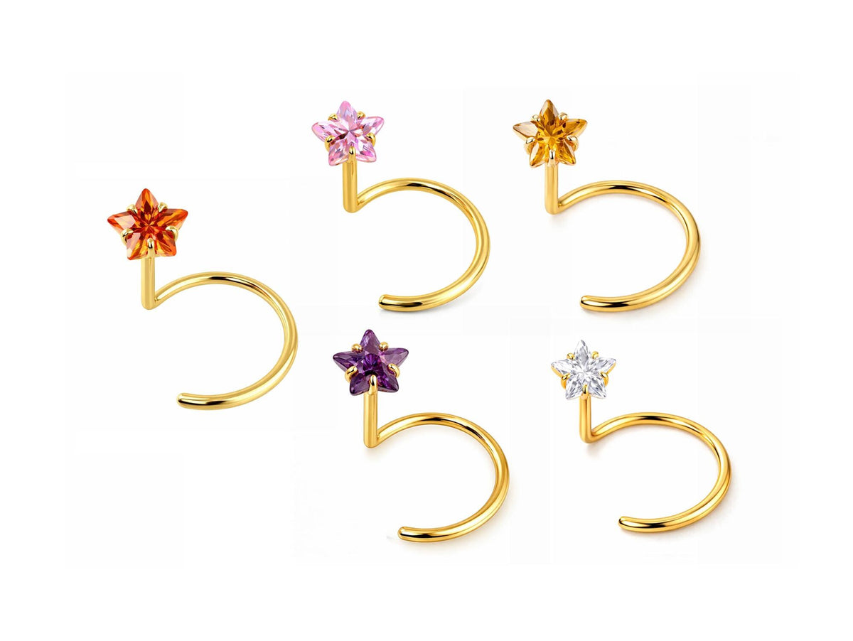 18K Gold Curve Nose Ring with Star Set Crystal, Nose Hook Piercing, Nose Jewelry made of Solid Gold