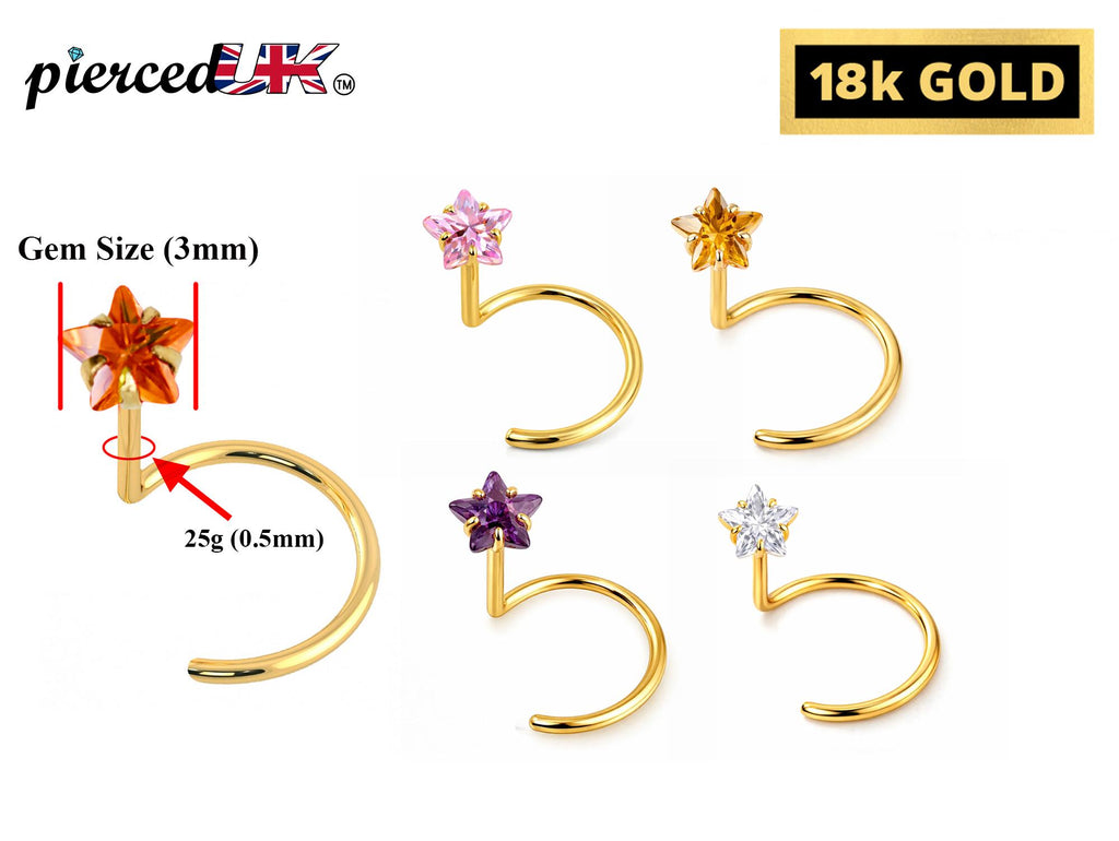 18K Gold Curve Nose Ring with Star Set Crystal, Nose Hook Piercing, Nose Jewelry made of Solid Gold