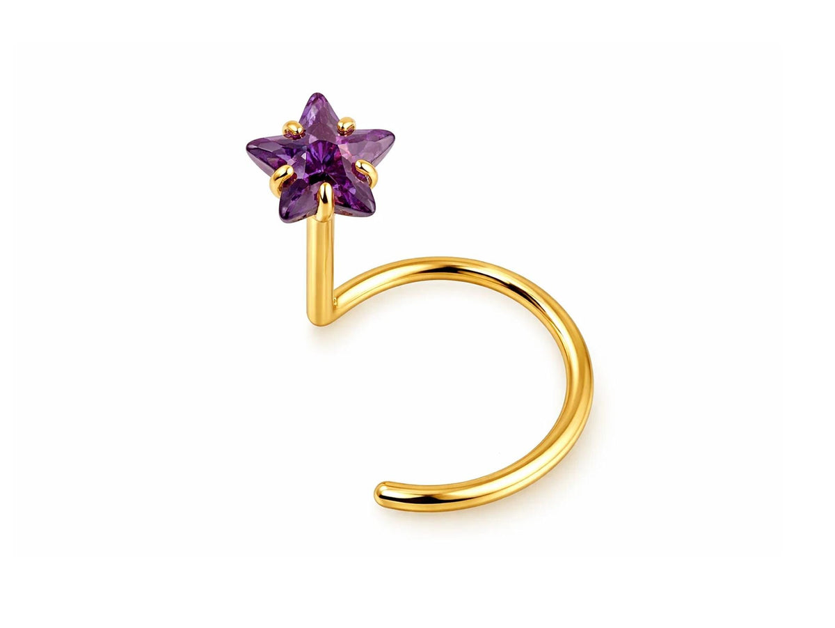 18K Gold Curve Nose Ring with Star Set Crystal, Nose Hook Piercing, Nose Jewelry made of Solid Gold