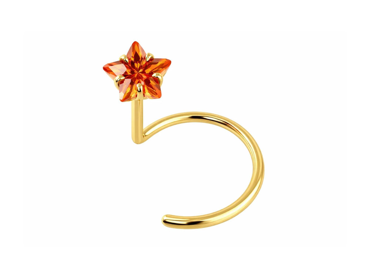 18K Gold Curve Nose Ring with Star Set Crystal, Nose Hook Piercing, Nose Jewelry made of Solid Gold