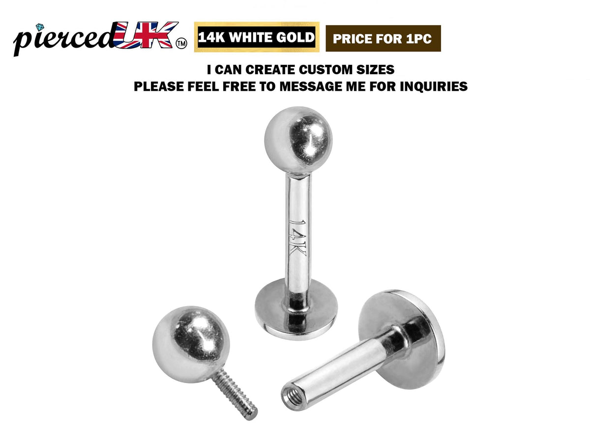 14K White Gold Labret Stud: Internally Threaded Body Piercing (16G 14G)