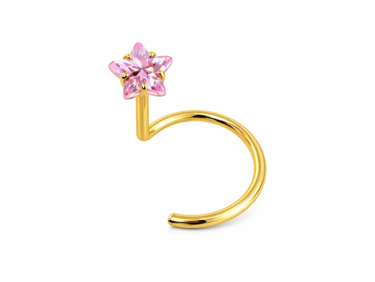 18K Gold Curve Nose Ring with Star Set Crystal, Nose Hook Piercing, Nose Jewelry made of Solid Gold